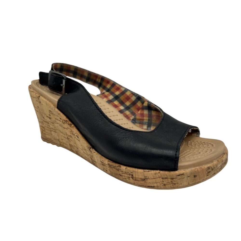 Crocs A-Leigh Women Black Leather Slingback Cork Wedge Sandals‎ Size 8
